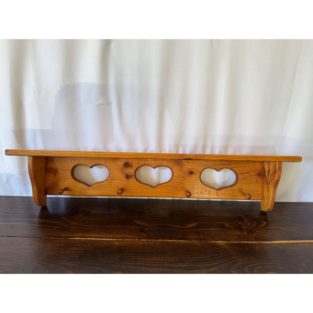 Vintage Pine Wood Wall Shelf Heart Cutouts 4 Pegs Country Rustic 36 Inch